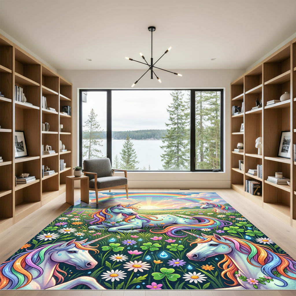 Whimsical Rainbow Unicorn Meadow Landscape Rug