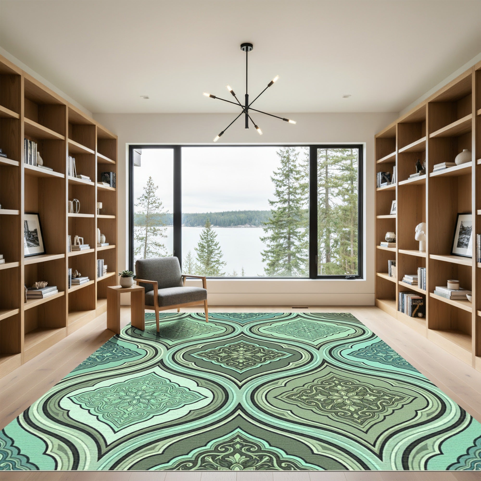 Sage Damask Ogee Medallion Teal Area Rug