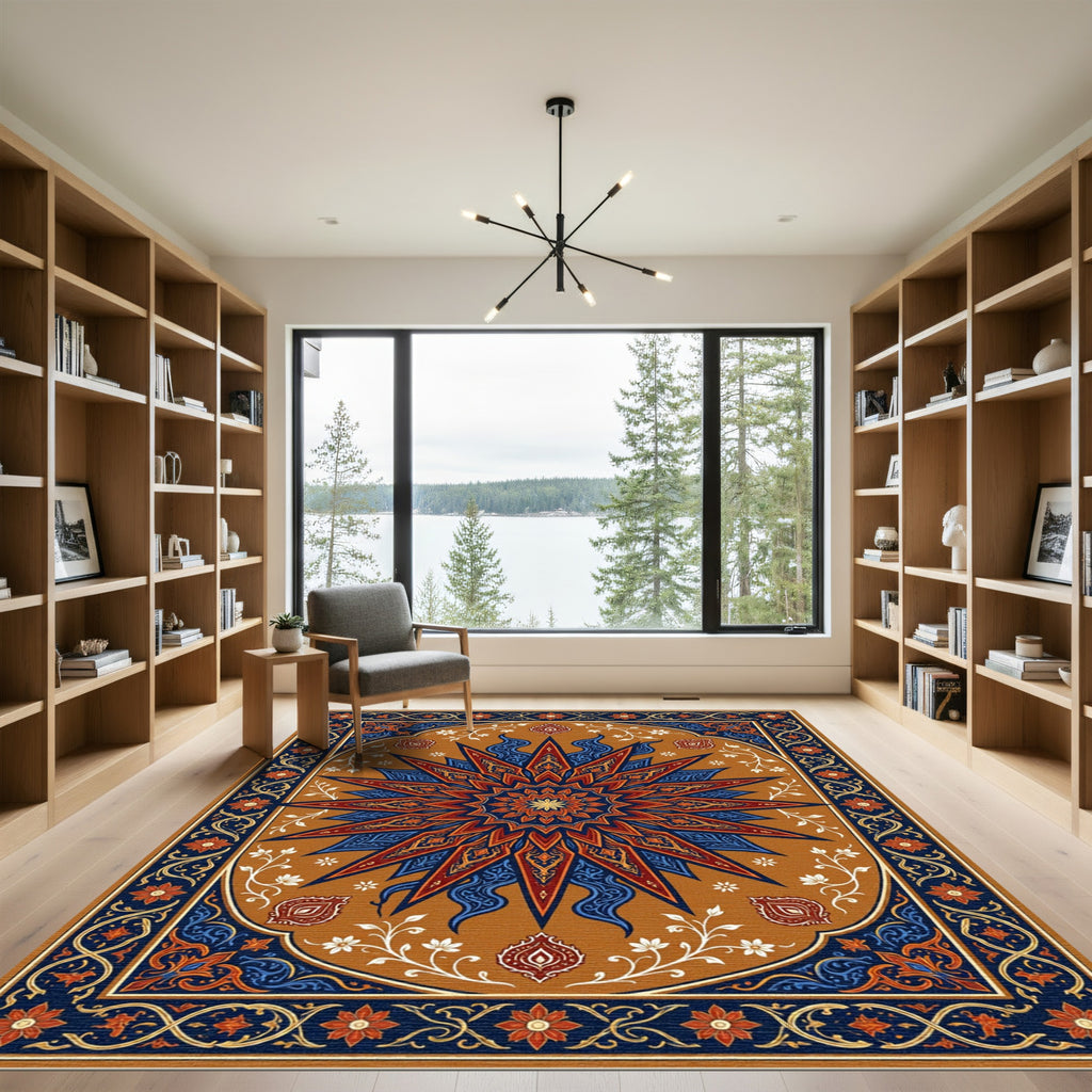 Rich Red Blue Sunburst Floral Medallion Rug
