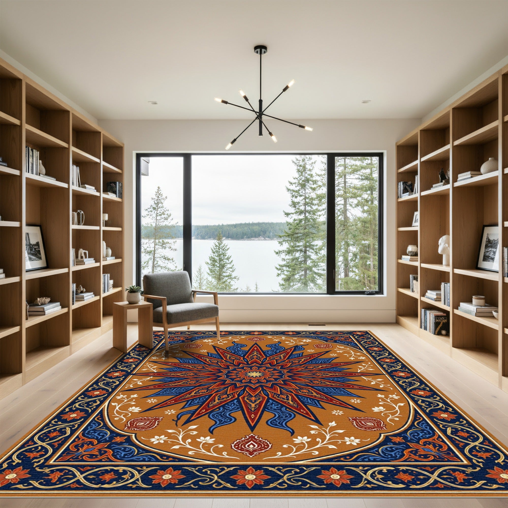 Rich Red Blue Sunburst Floral Medallion Rug
