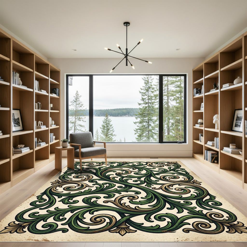 Ornate Green Gold Leaf Scrollwork Rug