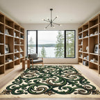 Ornate Green Gold Leaf Scrollwork Rug