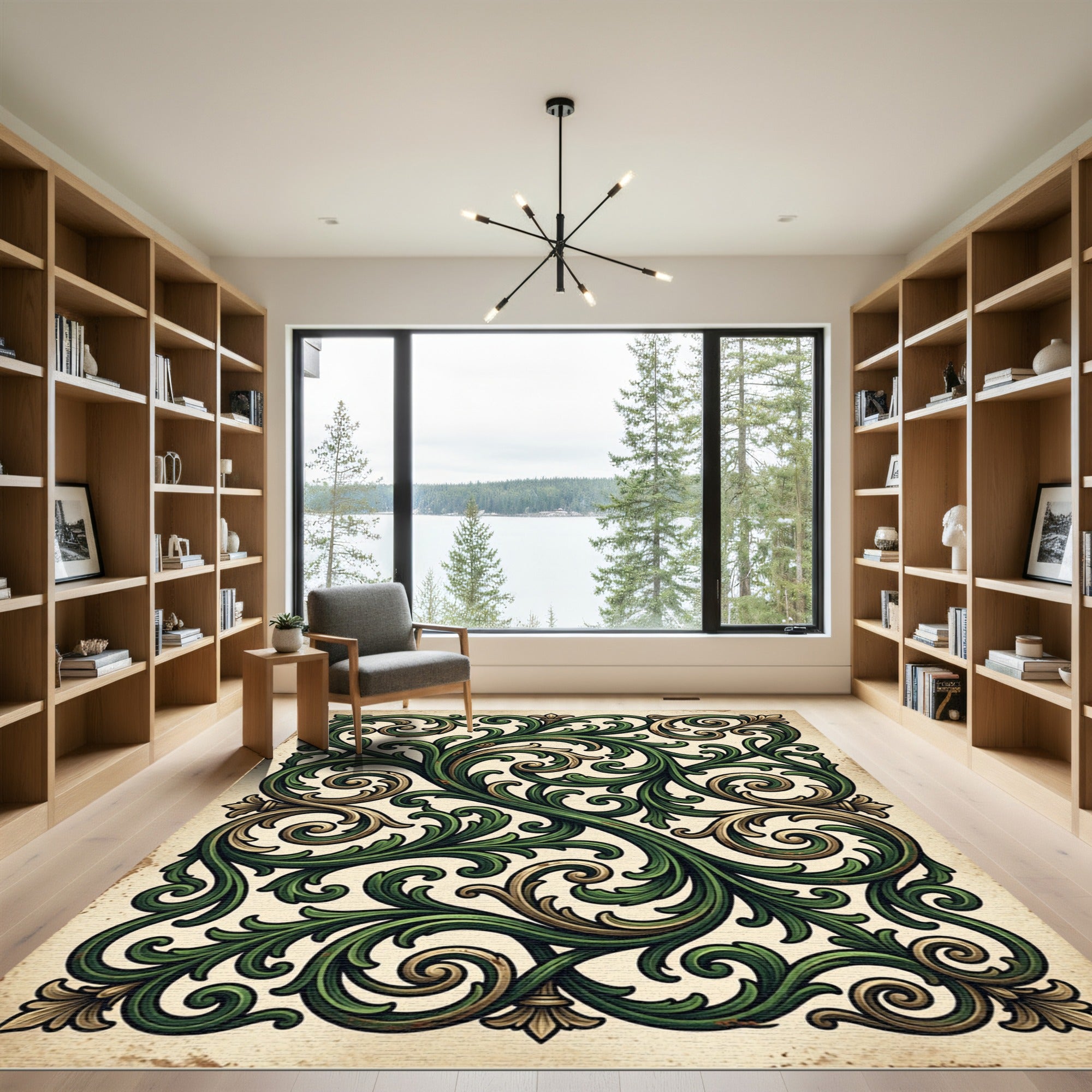 Ornate Green Gold Leaf Scrollwork Rug