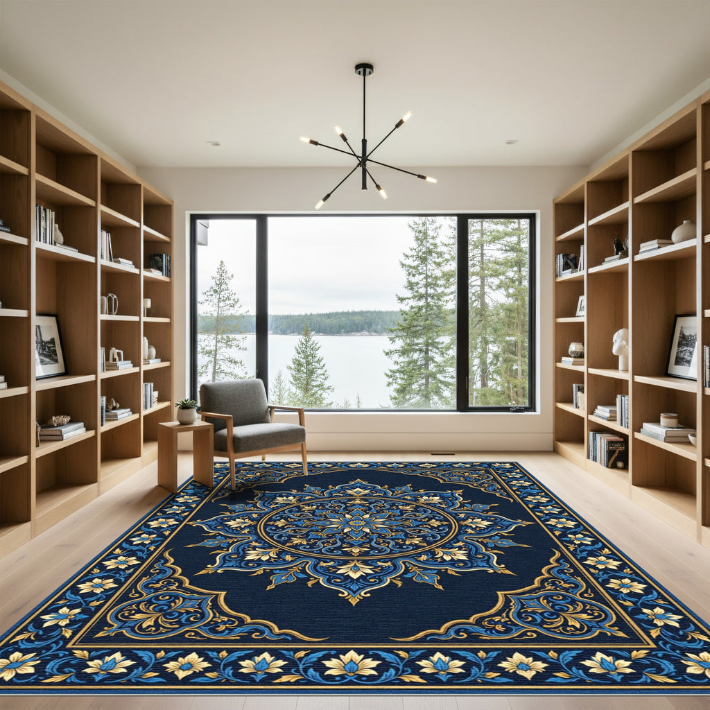 Ornate Azure Golden Bloom Medallion Rug