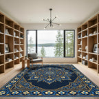 Ornate Azure Golden Bloom Medallion Rug