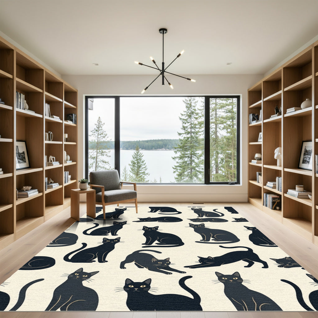 Whimsical Scattered Black Cat Illustration Rug