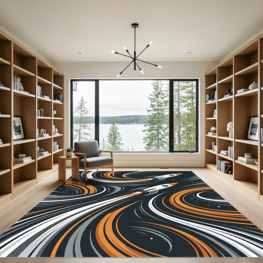 Dynamic Cosmic Rocket Swirl Abstract Art Rug