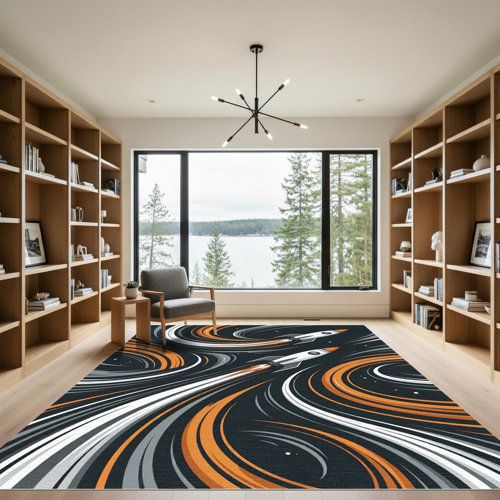 Dynamic Cosmic Rocket Swirl Abstract Art Rug