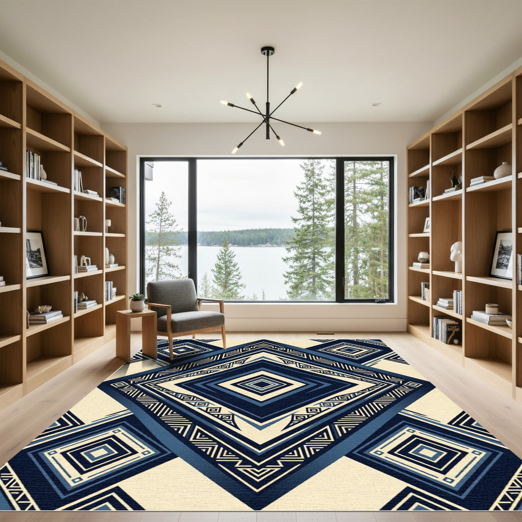 Navy Blue Geometric Diamond Art Rug
