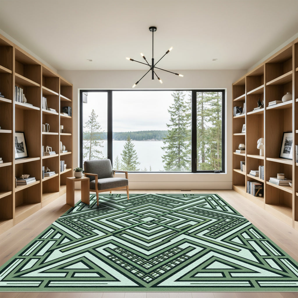 Sage Green Art Deco Geometric Labyrinth Rug