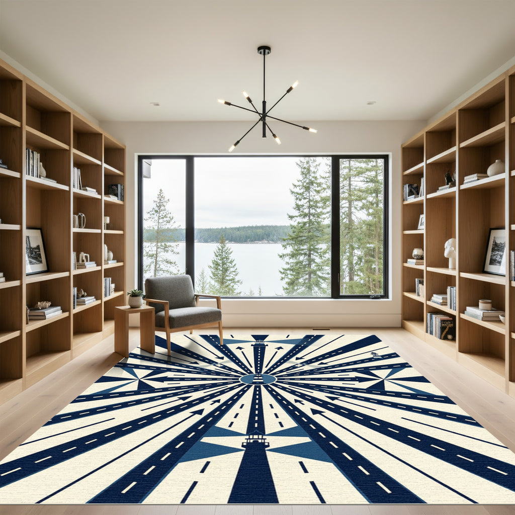 Geometric Navy Lighthouses Radial Ray Rug
