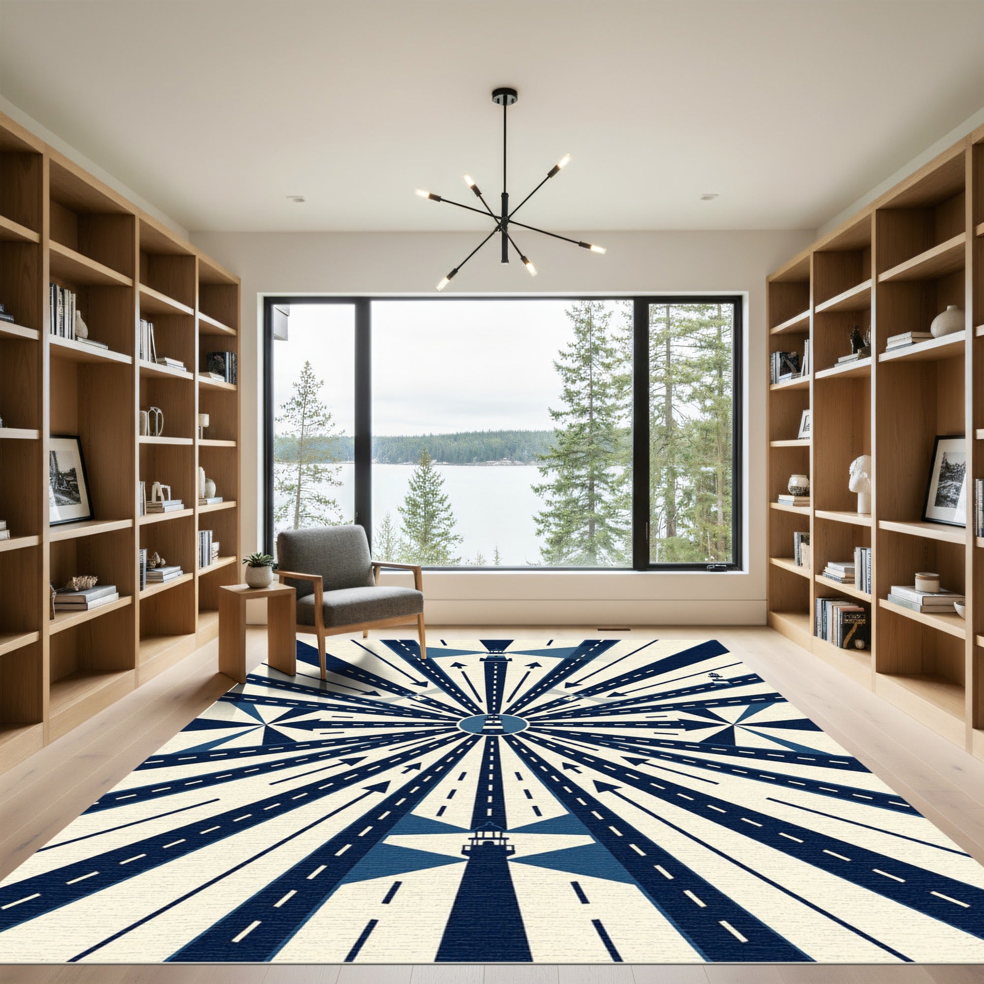 Geometric Navy Lighthouses Radial Ray Rug