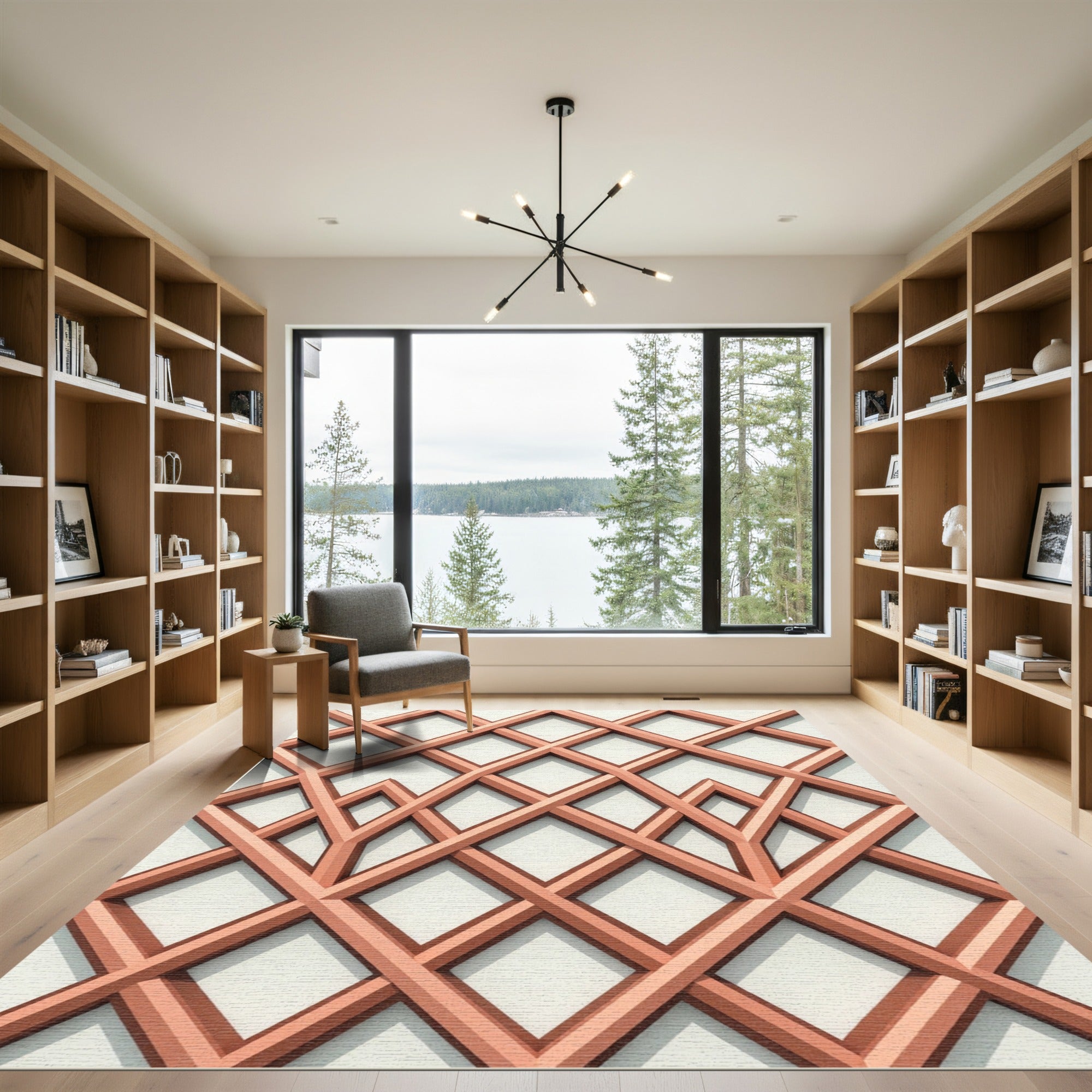 Copper Geometric Lattice Interwoven Lines Rug