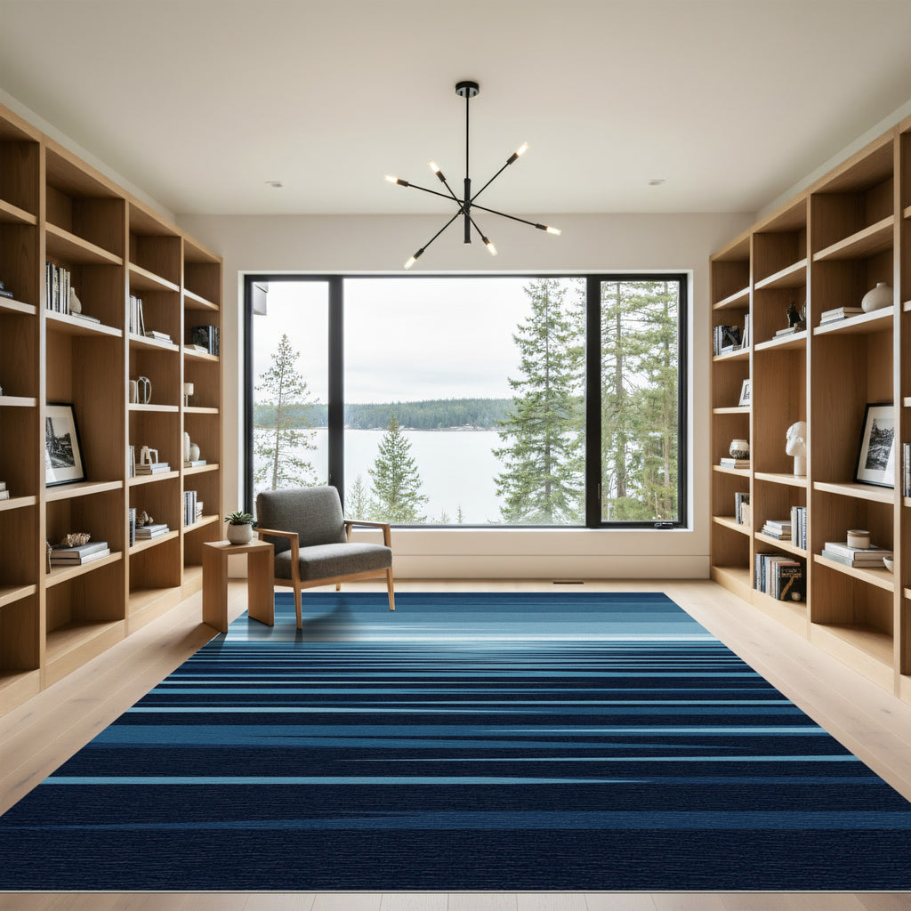 Deep Blue Abstract Horizon Stripes Rug