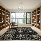 Damask Black Gold Floral Crests Rug