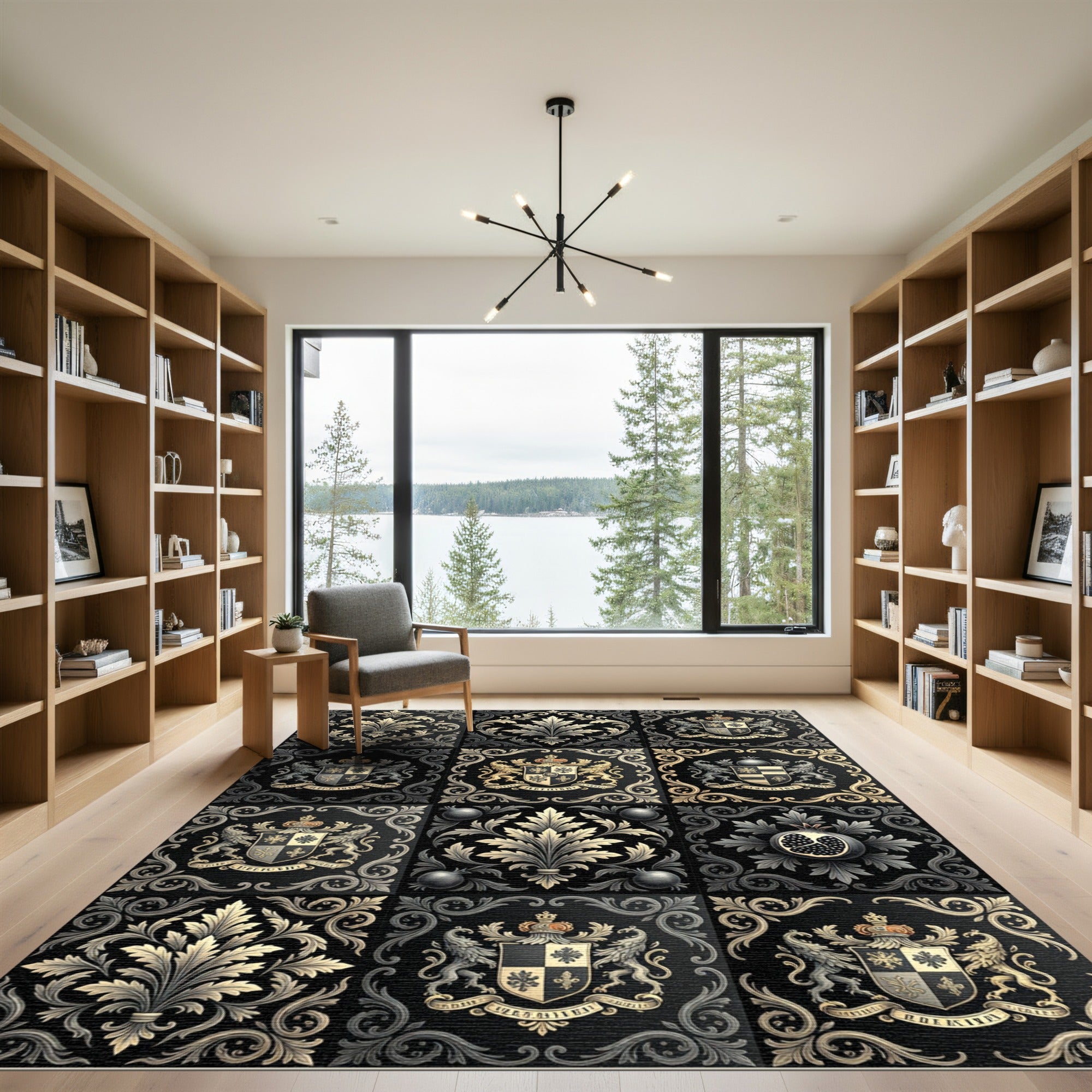 Damask Black Gold Floral Crests Rug