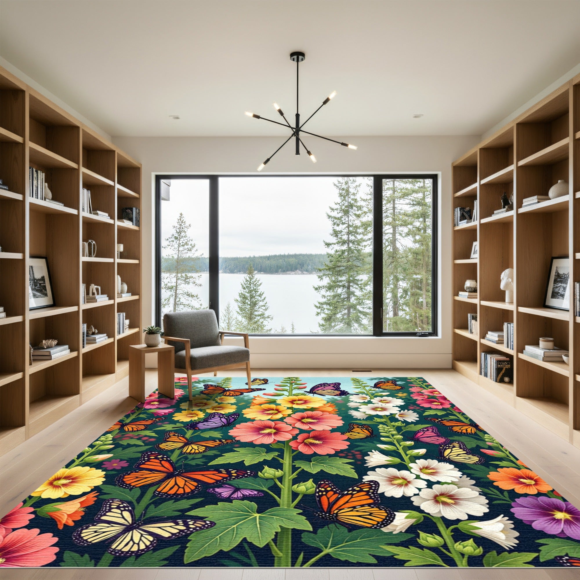 Vibrant Butterfly and Hollyhock Garden Rug