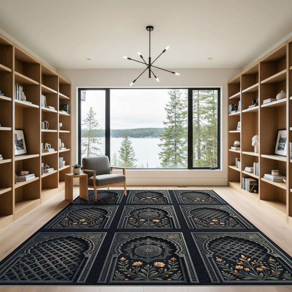 Ethereal Charcoal Floral Arched Lattice Rug