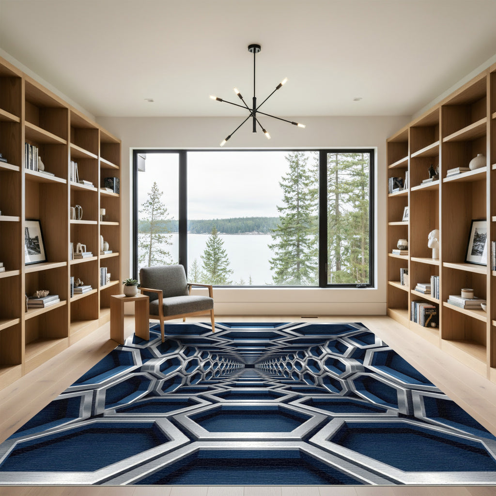 Modern Navy Metallic Geometric Hexagon Tunnel Rug