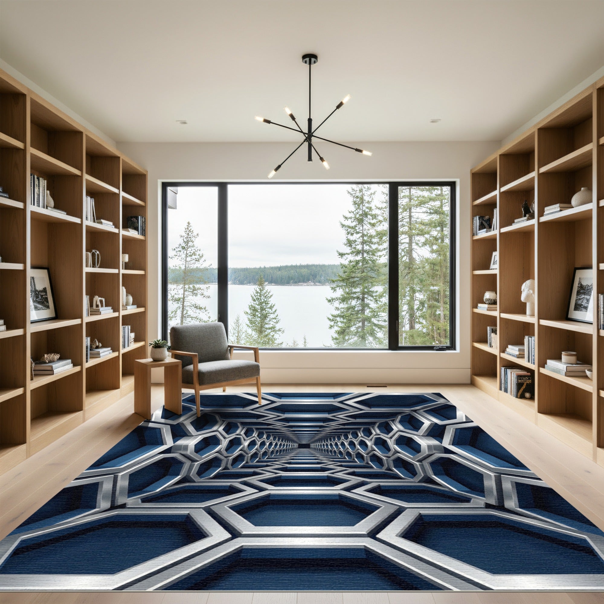 Modern Navy Metallic Geometric Hexagon Tunnel Rug