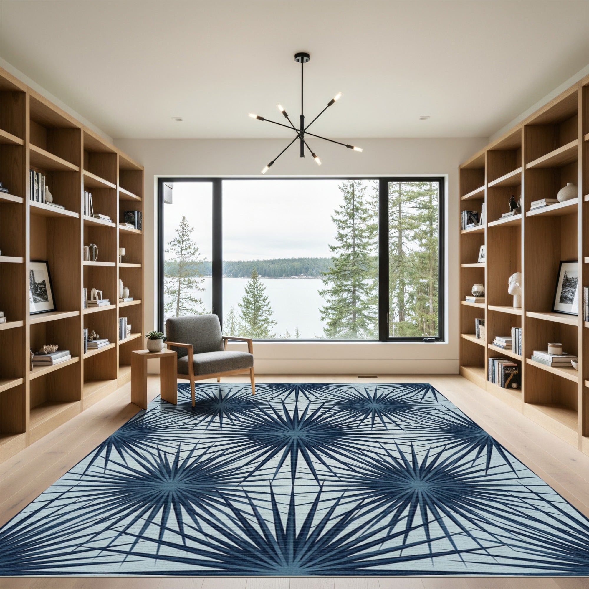 Navy Blue Geometric Sunburst Star Rug