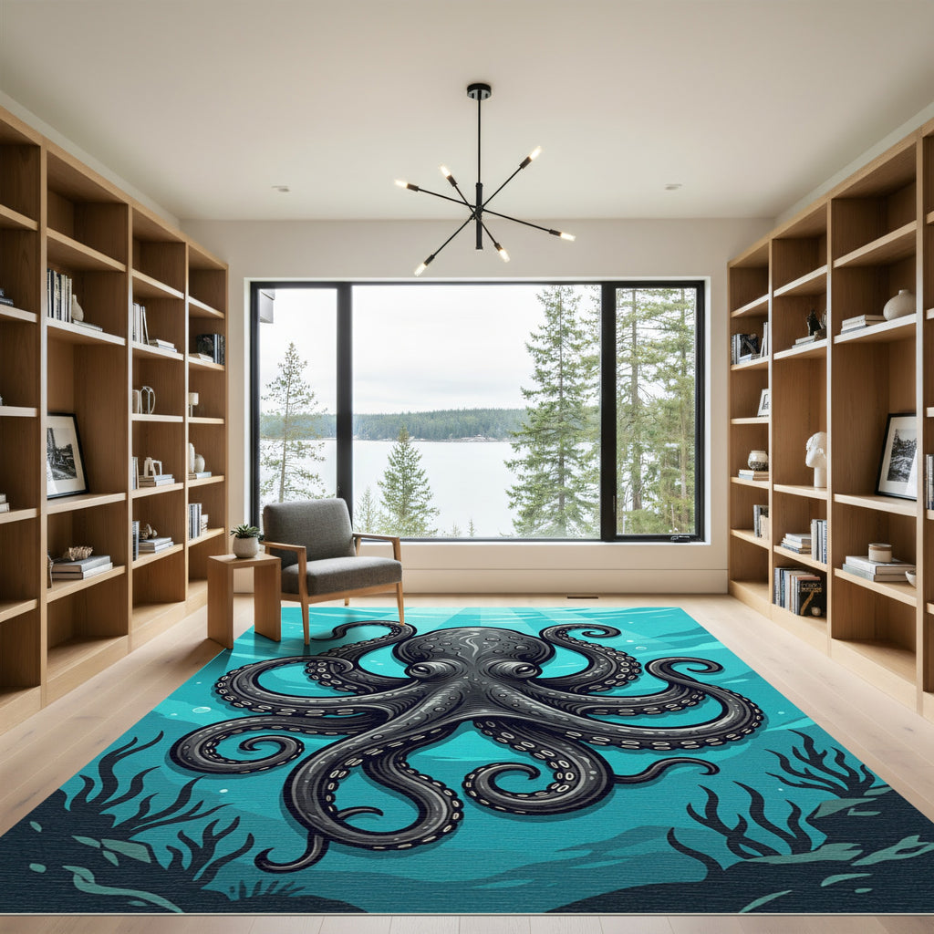 Detailed Dark Gray Octopus Underwater Illustration Rug