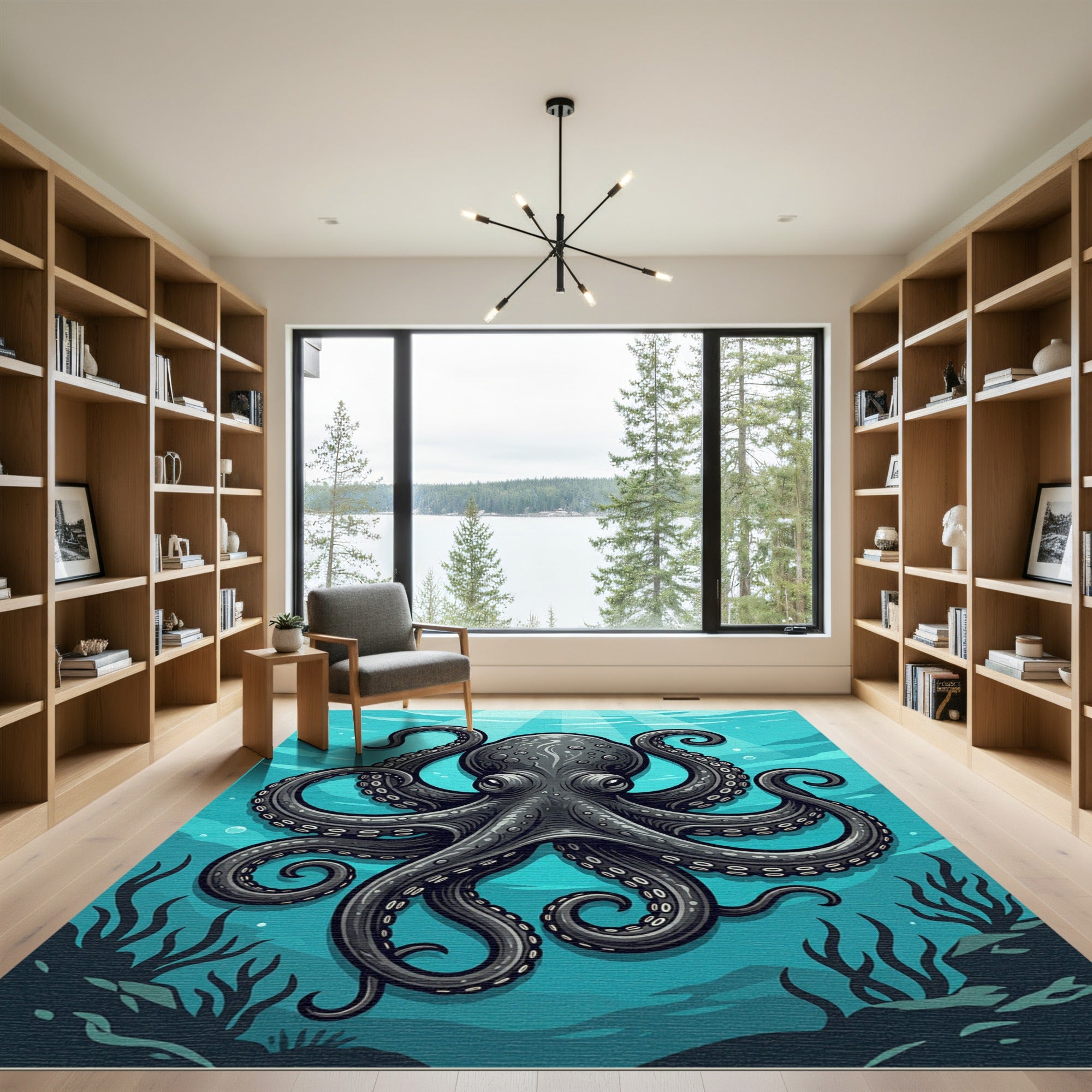 Detailed Dark Gray Octopus Underwater Illustration Rug