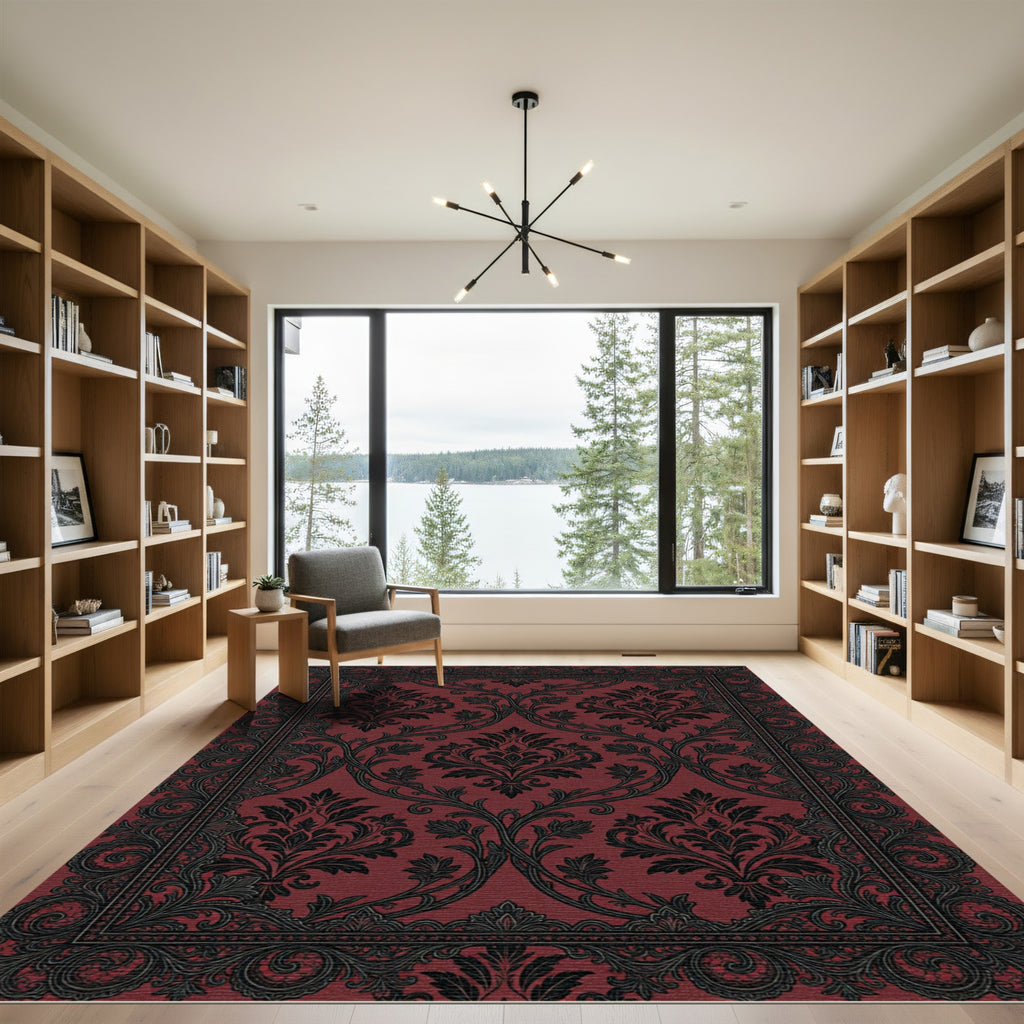 Gothic Crimson Black Ornate Damask Rug