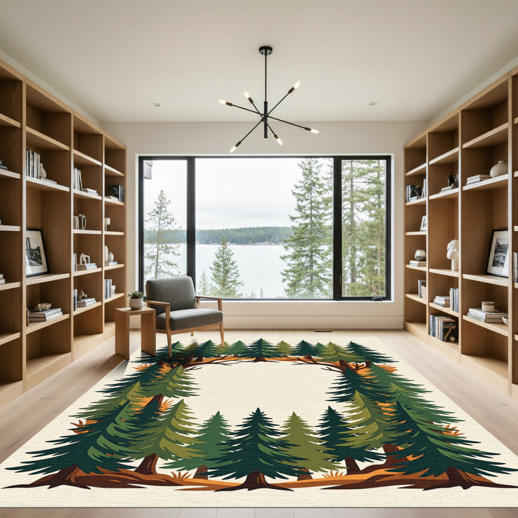 Evergreen Forest Pine Tree Border Rug