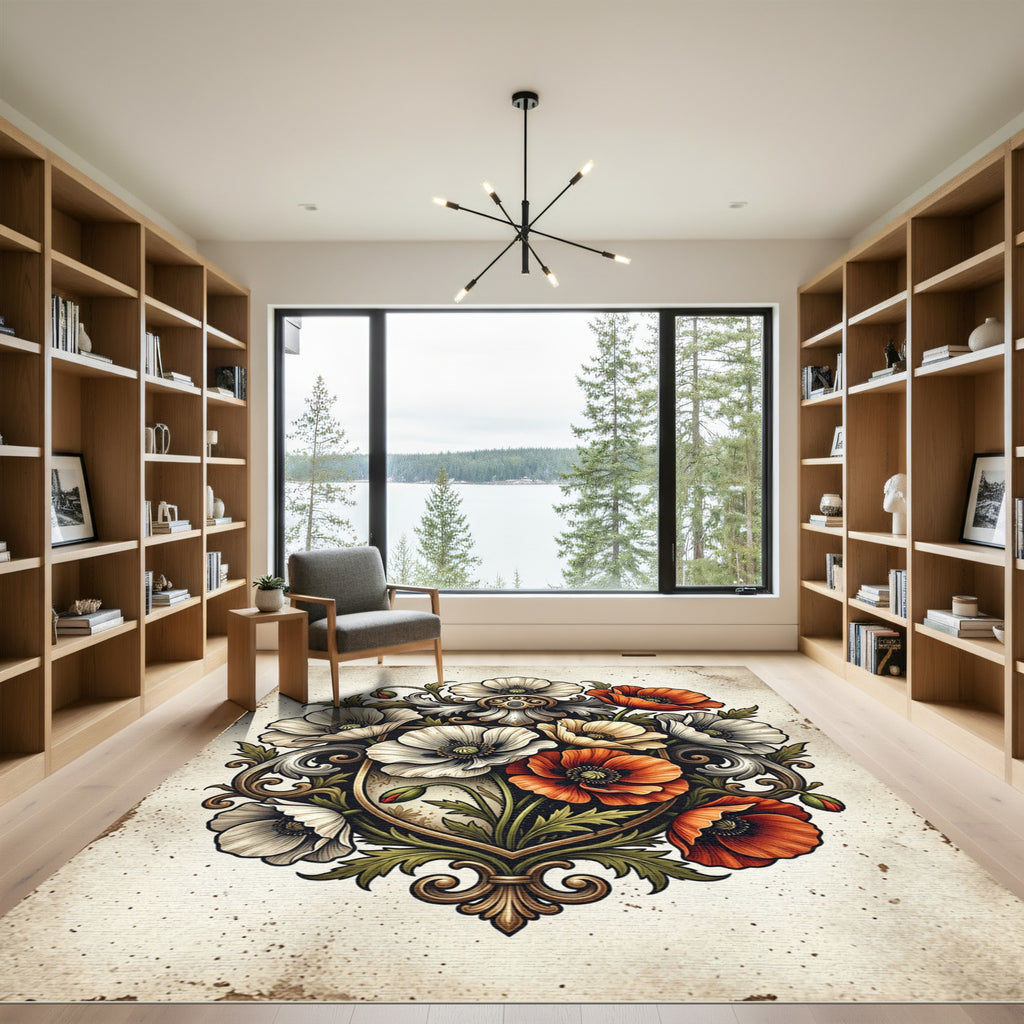 Victorian Poppy Floral Crest Emblem Rug