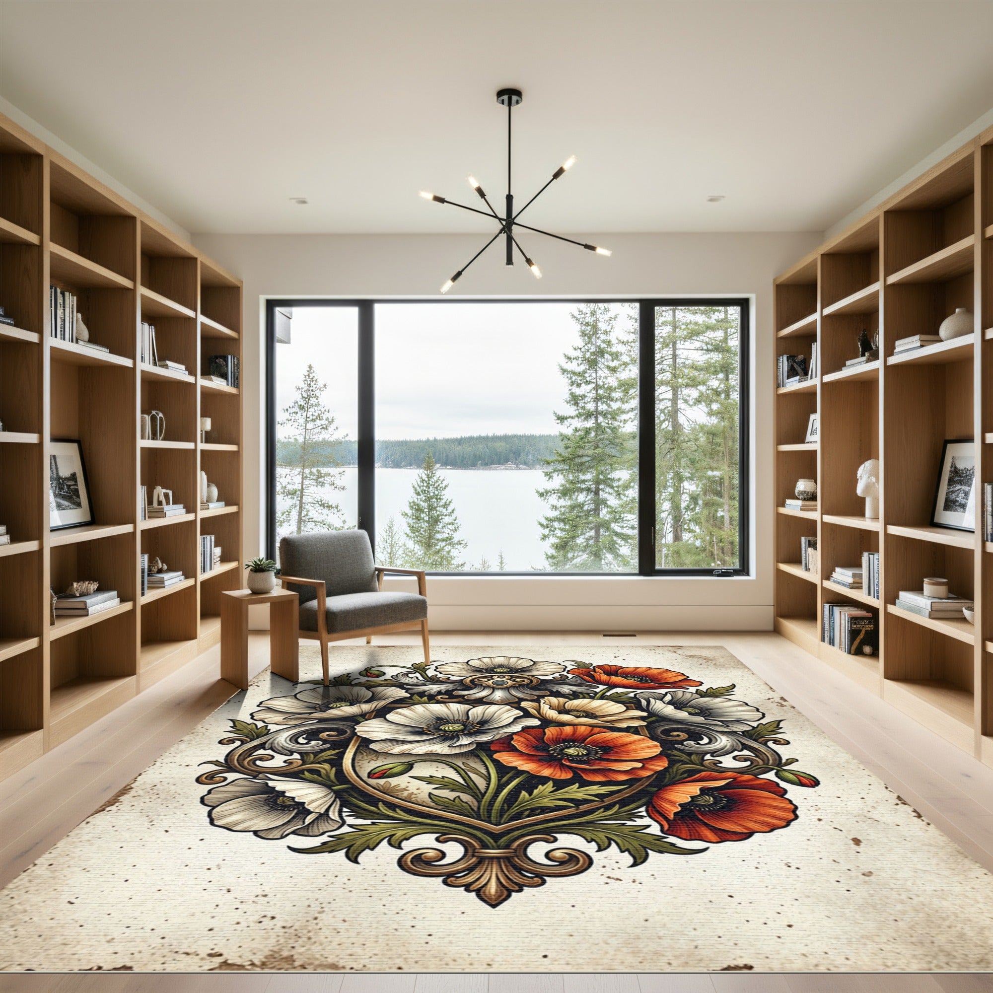 Victorian Poppy Floral Crest Emblem Rug