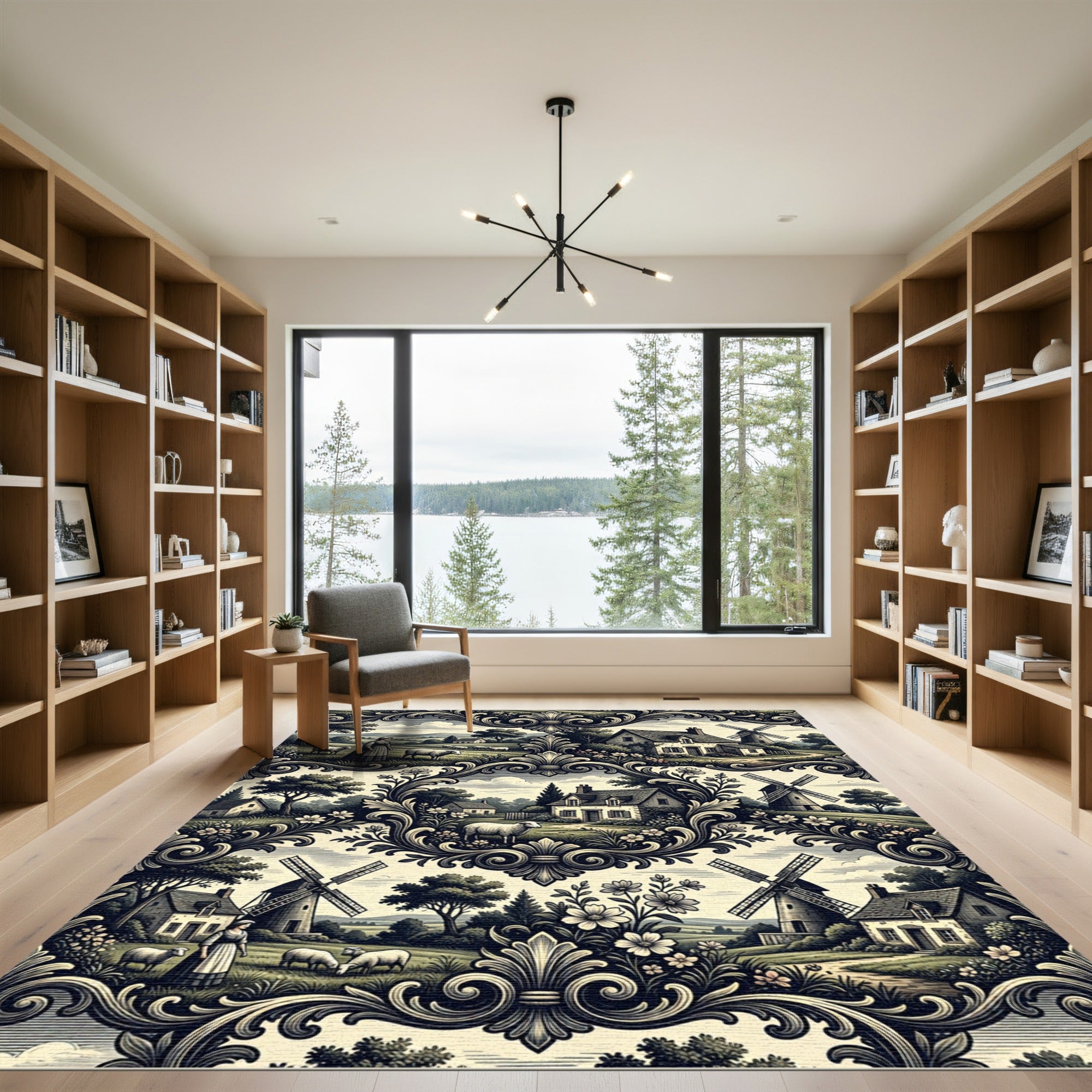 Pastoral Village Scene Ornamental Scroll Rug
