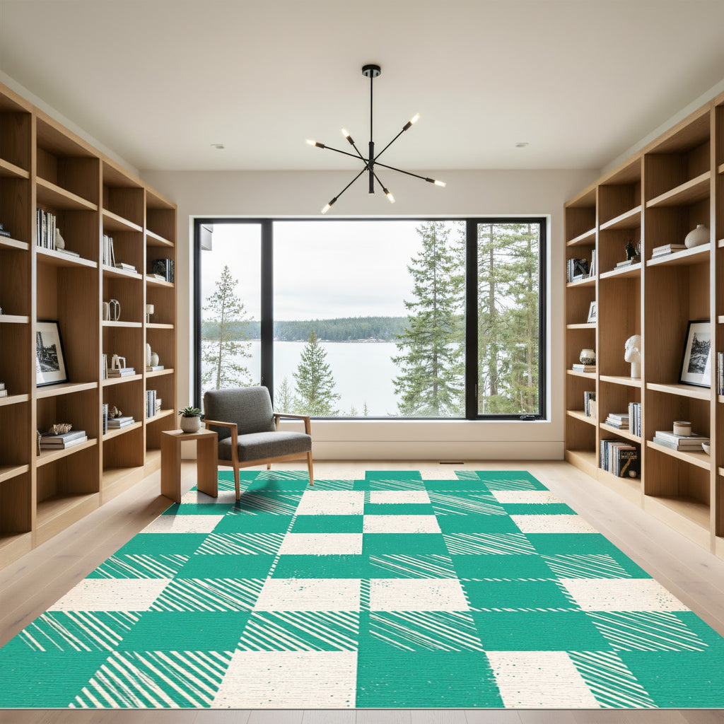 Teal and Cream Checkered Diagonal Texture Rug
