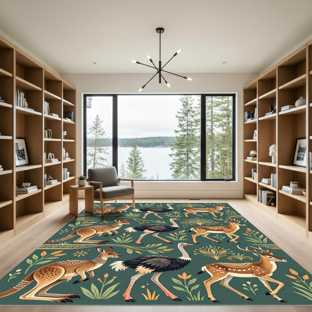 Midcentury Teal Kangaroo Ostrich Stag Wall Art Rug