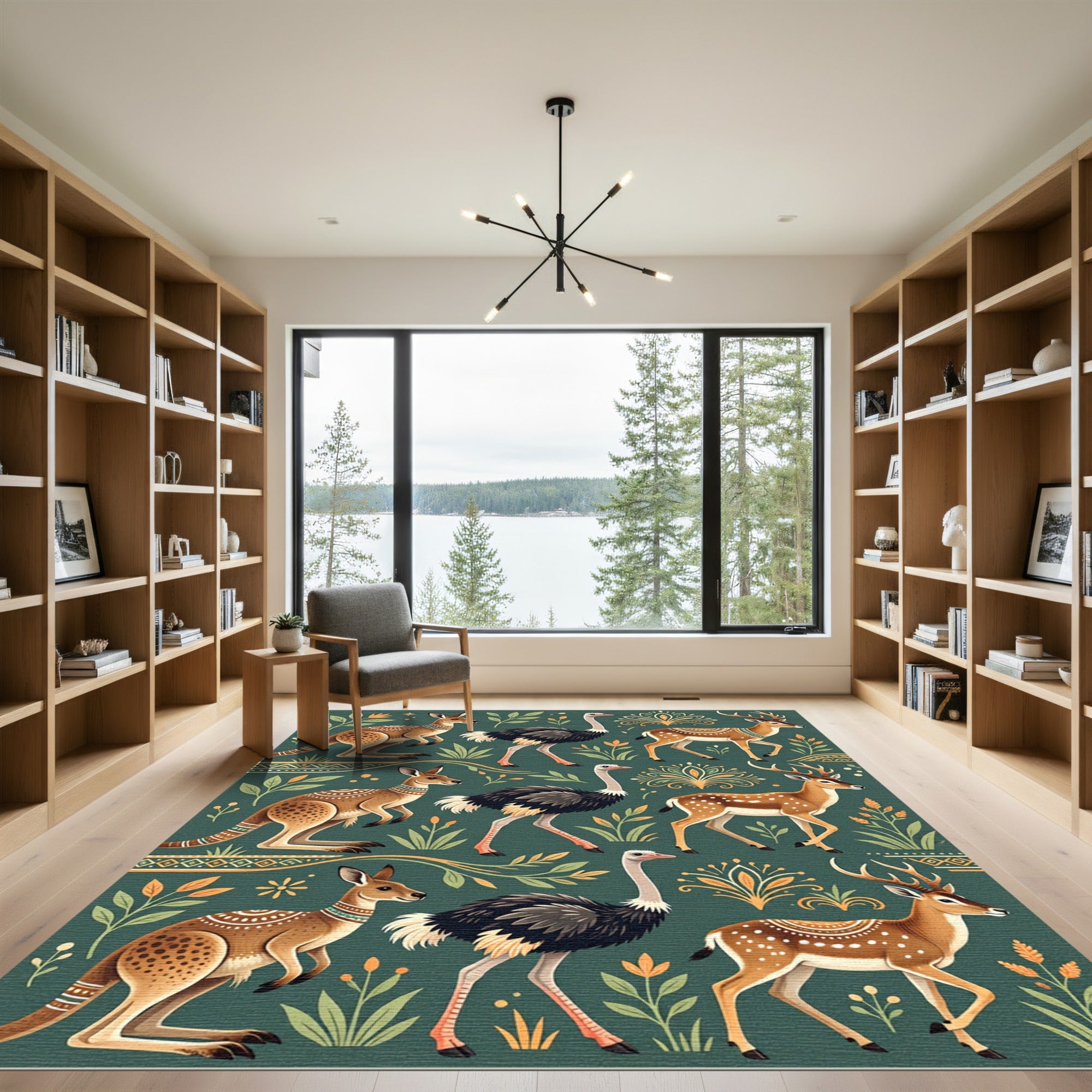 Midcentury Teal Kangaroo Ostrich Stag Wall Art Rug