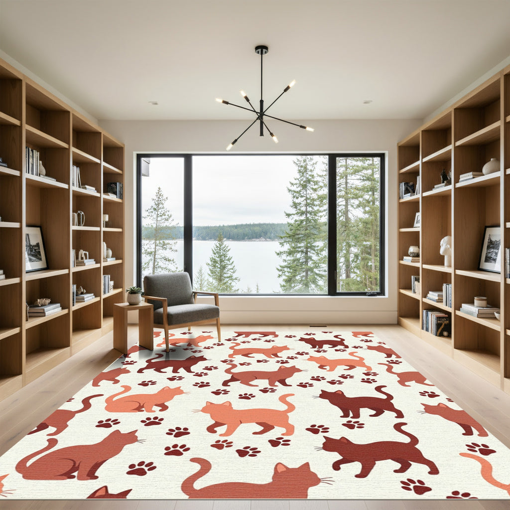 Whimsical Terracotta Cat and Paw Rug