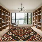 Vintage Black Orange Floral Swirl Rug