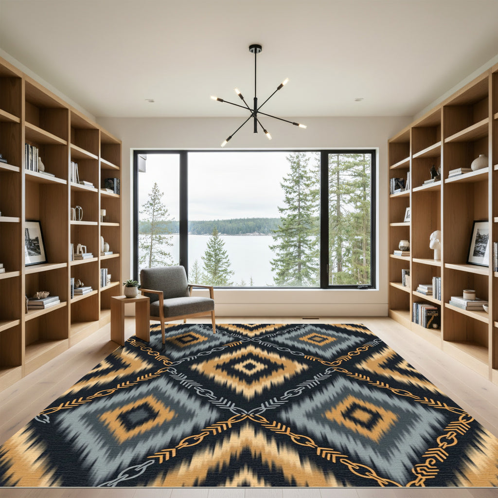 Ocher Gray Geometric Zigzag Chain Rug