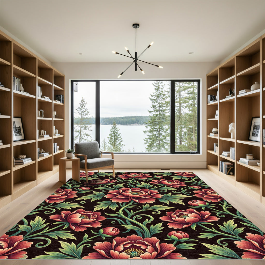 Deep Crimson Peony Floral Nouveau Rug