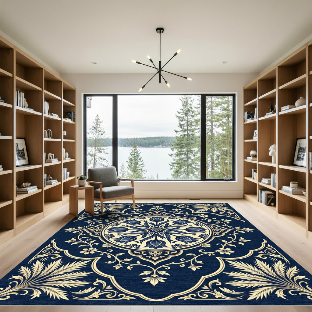 Navy Blue Cream Tulip Floral Medallion Rug