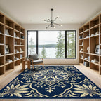Navy Blue Cream Tulip Floral Medallion Rug