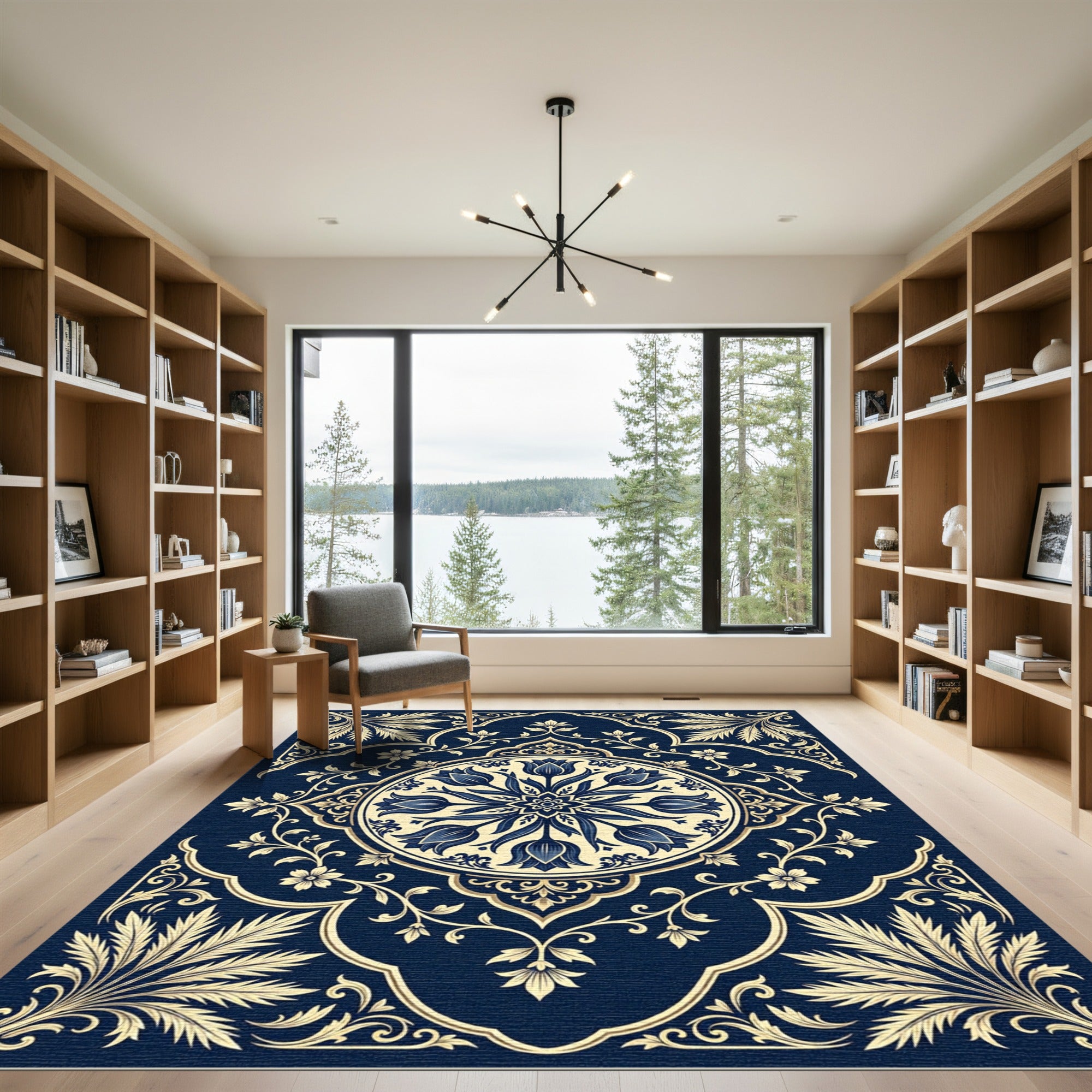 Navy Blue Cream Tulip Floral Medallion Rug