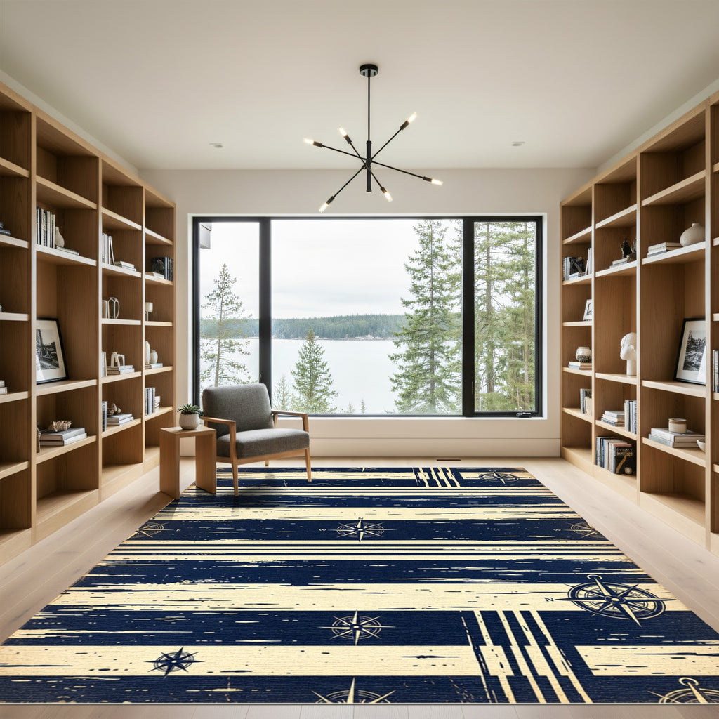 Navy Nautical Compass Striped Maritime Rug