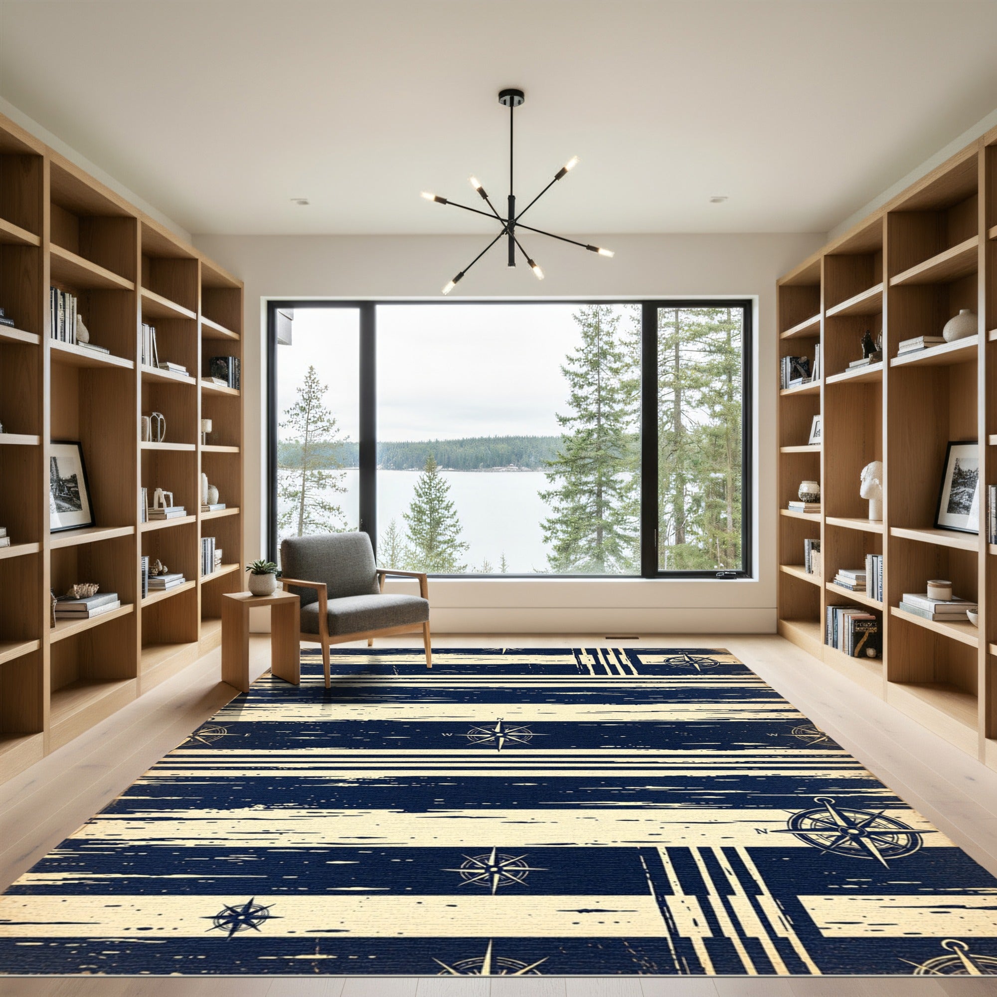 Navy Nautical Compass Striped Maritime Rug