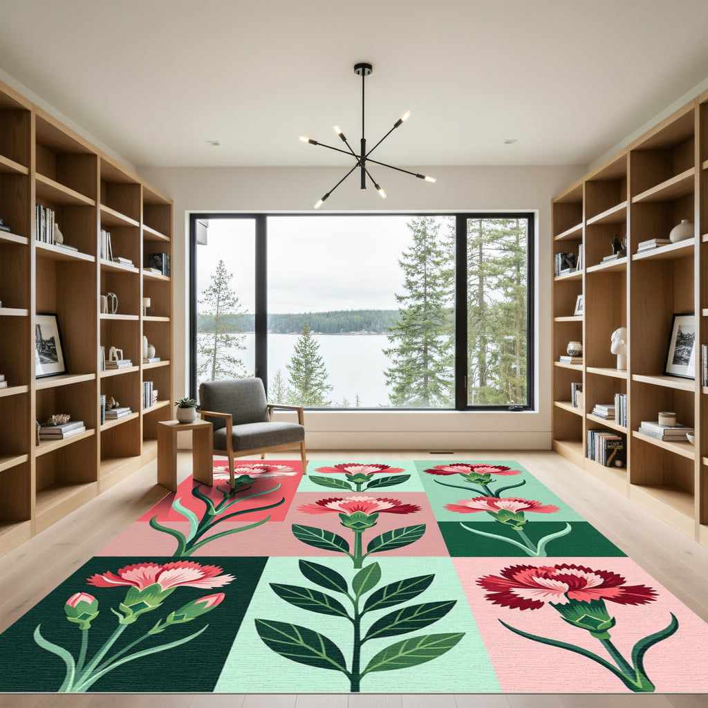 Modern Carnation Floral Grid Art Rug