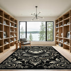 Elegant Monochrome Lotus Floral Damask Rug