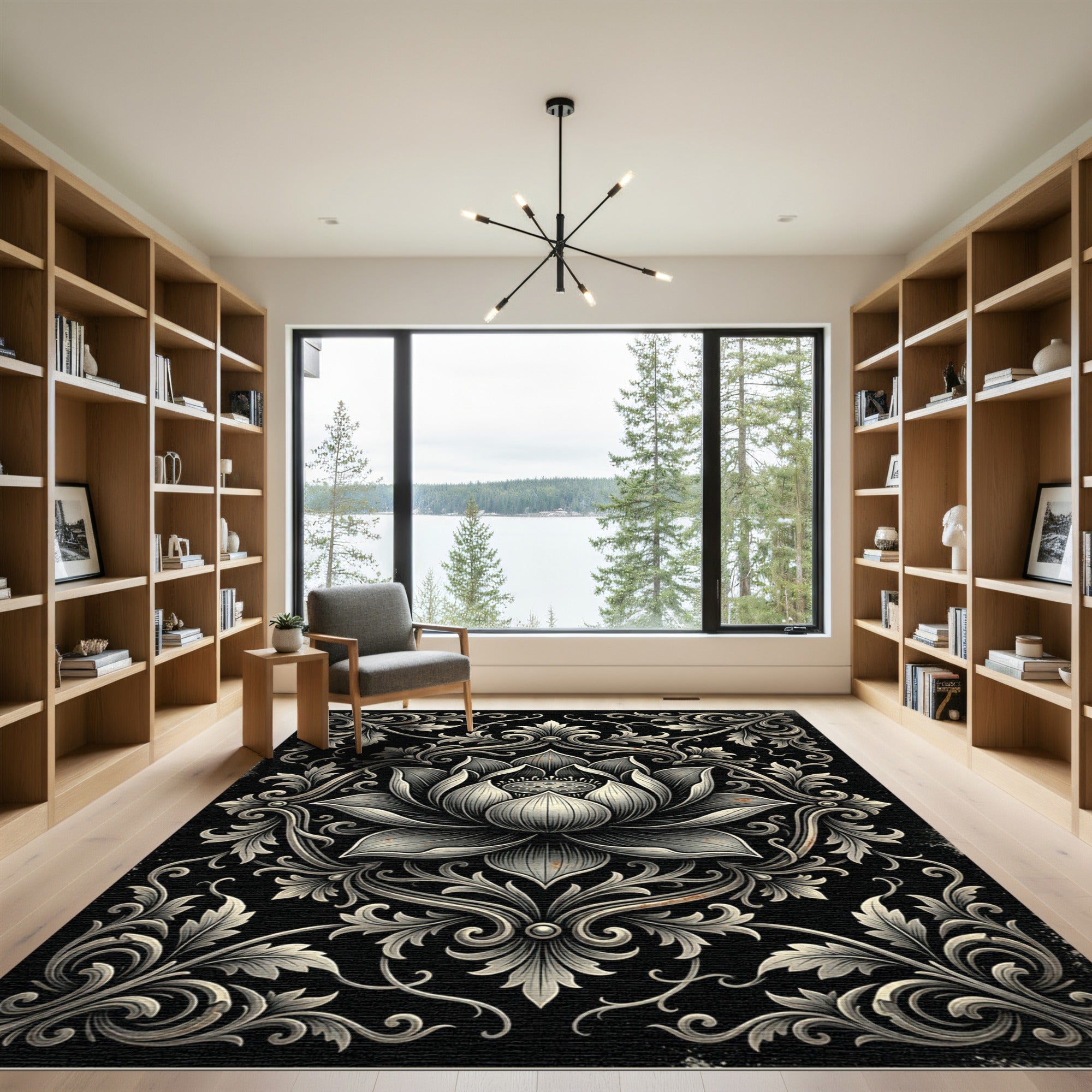 Elegant Monochrome Lotus Floral Damask Rug