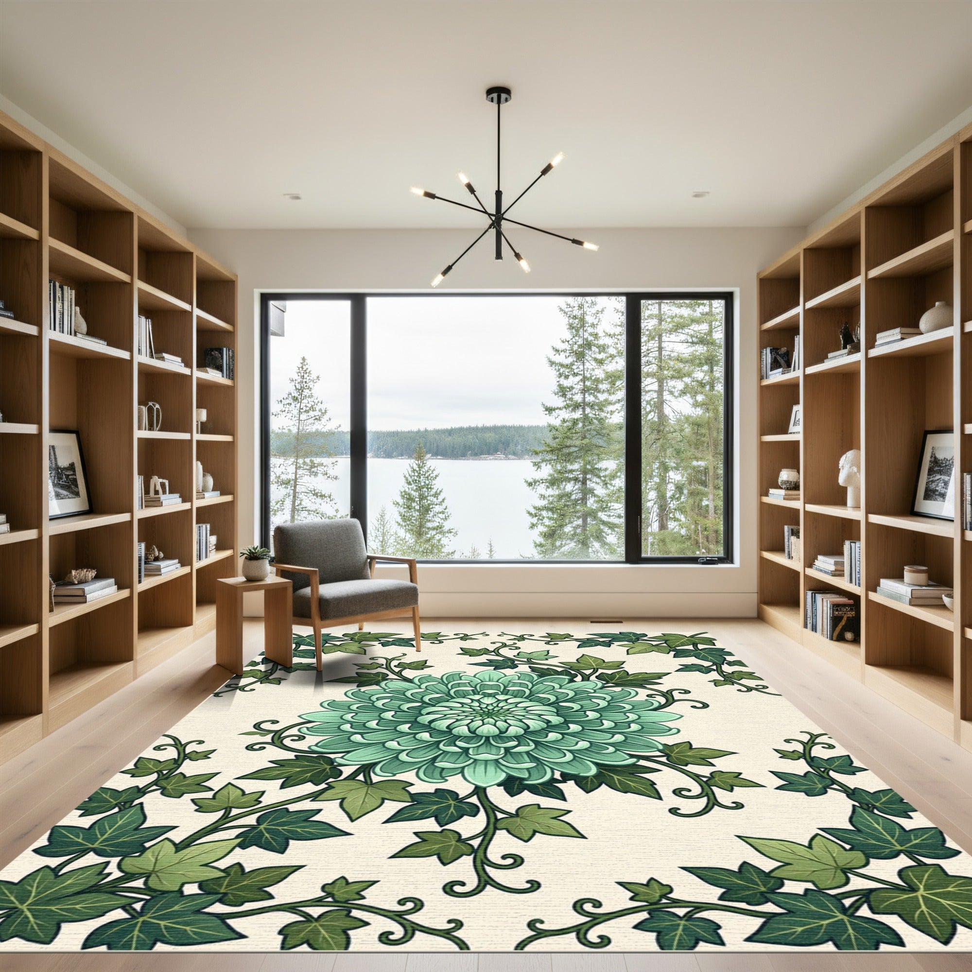 Sage Green Chrysanthemum Leaf Art Nouveau Rug