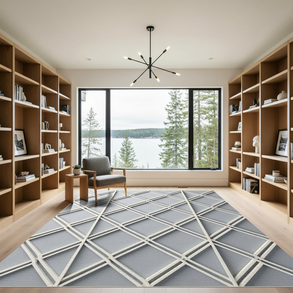 Minimalist Cream and Slate Lattice Rug