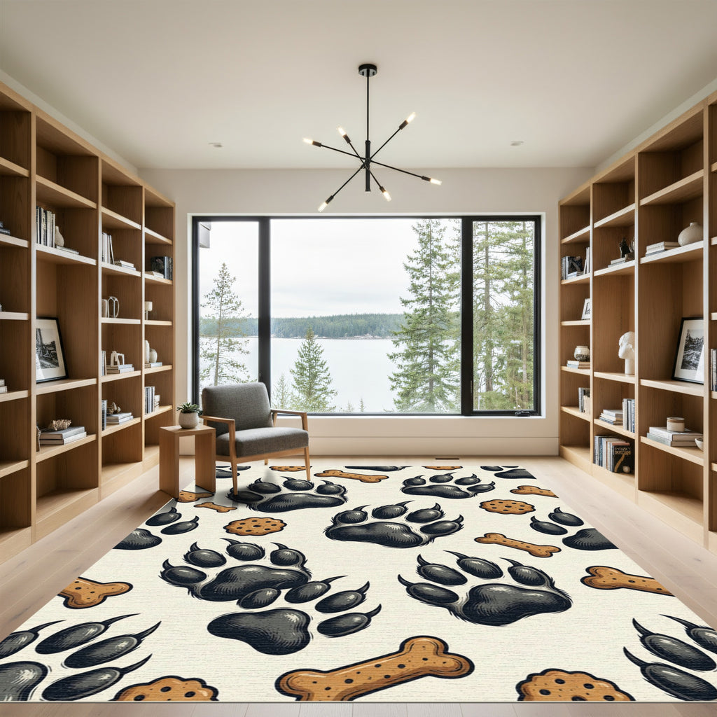 Black Paw Print Bone Biscuit Illustration Rug